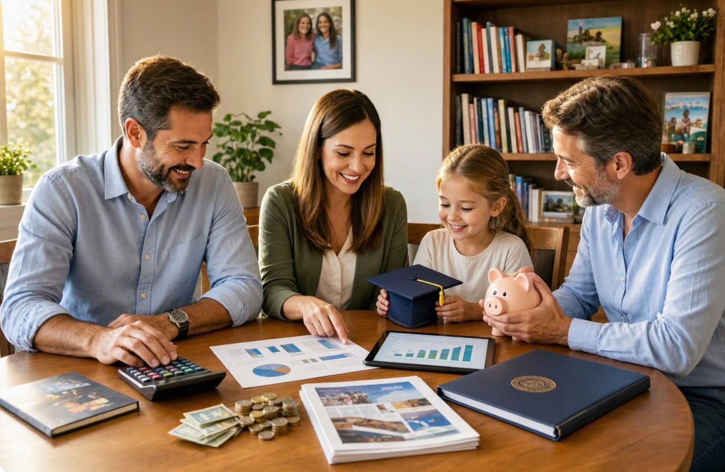 Parents sit with their daughter to discuss college goals and review education savings together.