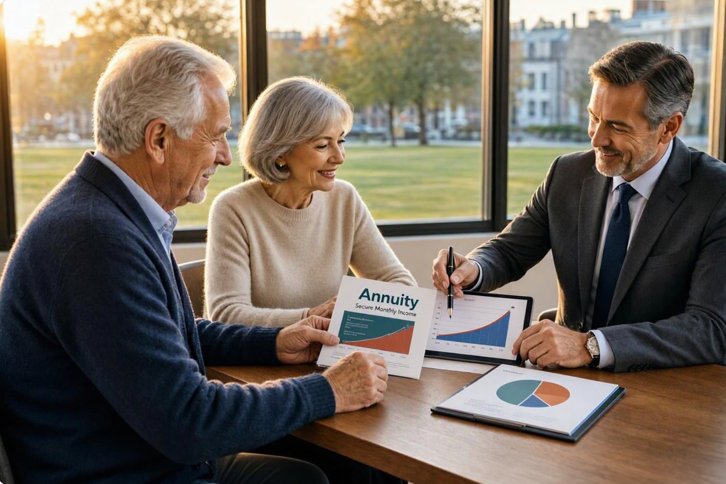 An older couple meets with an advisor to review an annuity document and financial charts.
