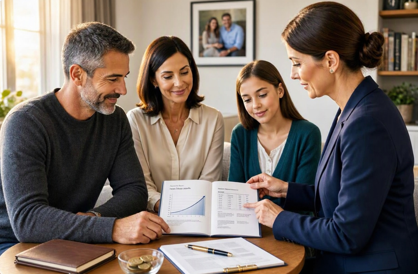 A family meets with an advisor to review a financial planning document together.