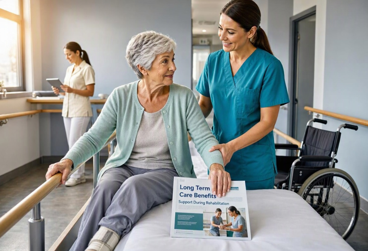 A care professional supports an older woman during rehabilitation at a care facility.