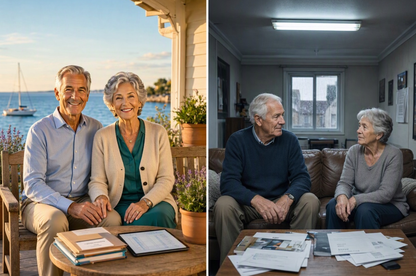 Side-by-side image of older couples: one enjoying a sunny retirement by the water, the other reviewing financial papers together indoors.